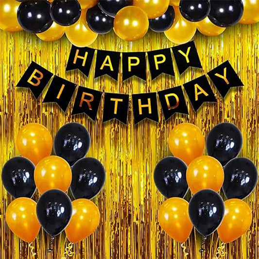 Birthday Decoration Kit | Black & Golden Balloon with Paper Banner
